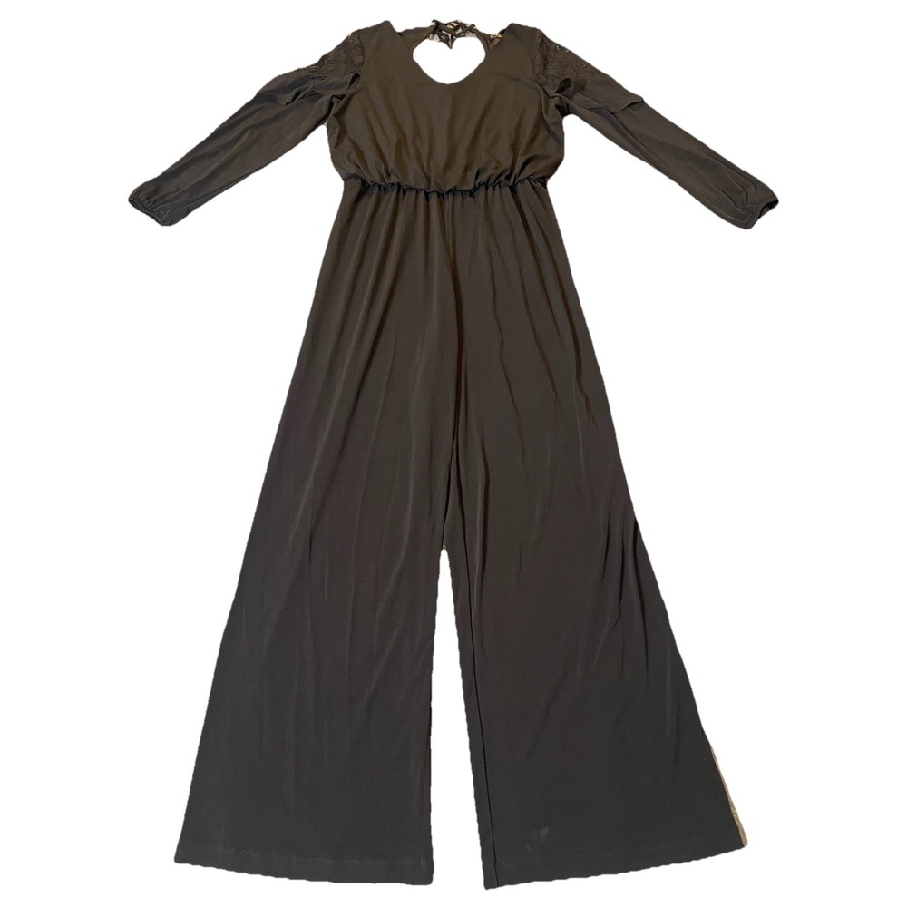 Thalia Sodi Wide Leg Jumpsuit Womens Sz L Black Lace Trim Cut Out Gothic Party
